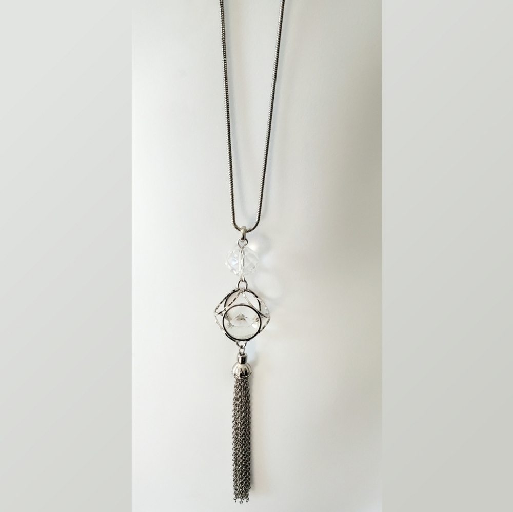 Chico's Long Tasseled Silvertone Necklace with Floating Pendant New with Tags